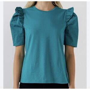 ENGLISH FACTORY Top Size M Teal Green Mini Ruffle Puff Sleeve Crew Neck T-Shirt